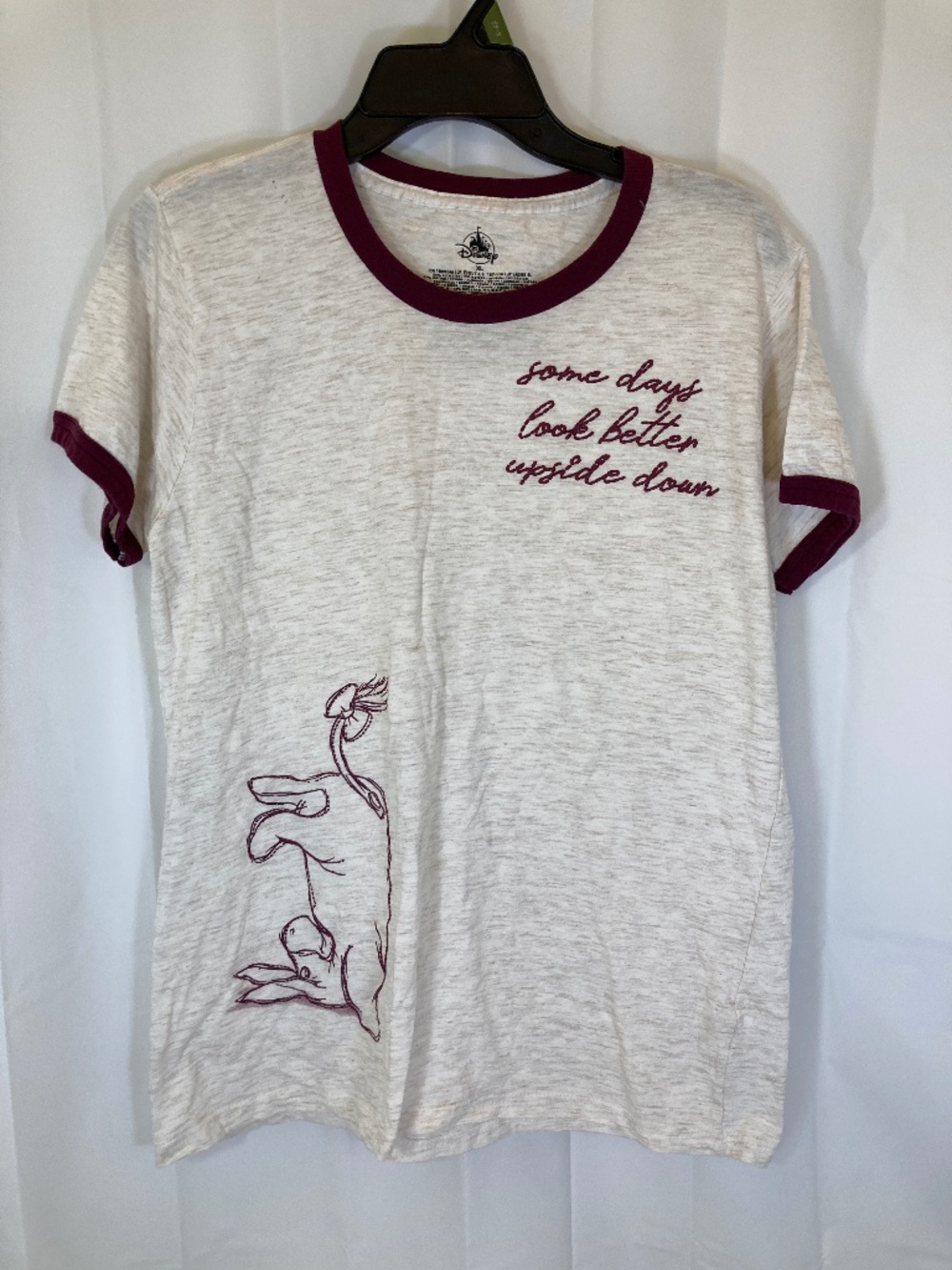 Disney Eeyore Ringer Shirt Sz XL Short Sleeve Puffy Print Tan Maroon Worn Once
